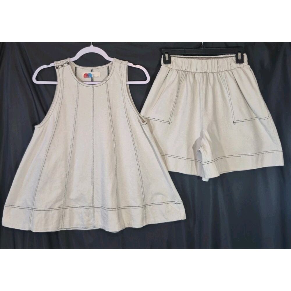 Free People Beach Strada Cotton Beige Two Piece Top Shorts Set XS - Picture 4 of 14